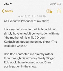 CelebNReality247.com reports that Blac Chyna has responded to reports that Rob Kardashian will not allow their daughter, Dream Kardashian, to appear on her reality show. In typical Blac Chyna tradition she responded in a very public way so all will know how petty Rob Kardashian is about the situation. The two co-parents are once again hitting walls with each other. Blac Chyna, feels that Rob Kardashian is a "Hypocrite" since he is NOT blocking Dream from being on KUWTK. Rob’s lawyer, legal pit bull Marty Singer made it clear he shares 50/50 joint custody for their "their daughter, 2-year-old Dream" who "CANNOT under any circumstances, appear on her show, without Rob’s consent." Chyna posted her response to social media: She calls Rob being difficult ‘unfortunate’ since he didn’t speak to her directly, as opposed to contacting her through his attorney. Blac Chyan also stated that as an executive producer of her show, she would never subject their daughter to long hours or intense drama. She alludes to Rob being a hypocrite as Dream appears on his family’s show calling it ‘stale’ and ‘contrived’. See her response below, via HNHH. Chyna posted this series of photos with her daughter: